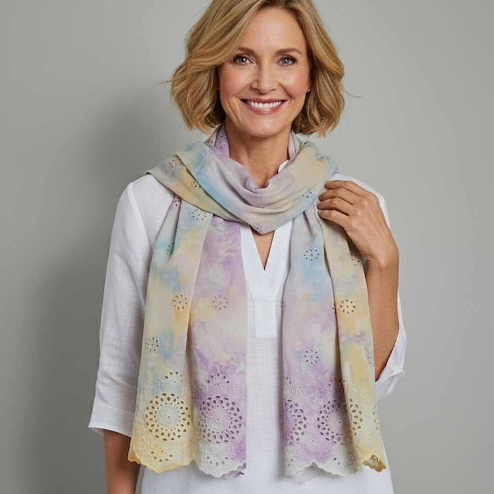 Talbots Pastel Watercolor Eyelet Embroidered Cotton Scarf Scalloped Hem